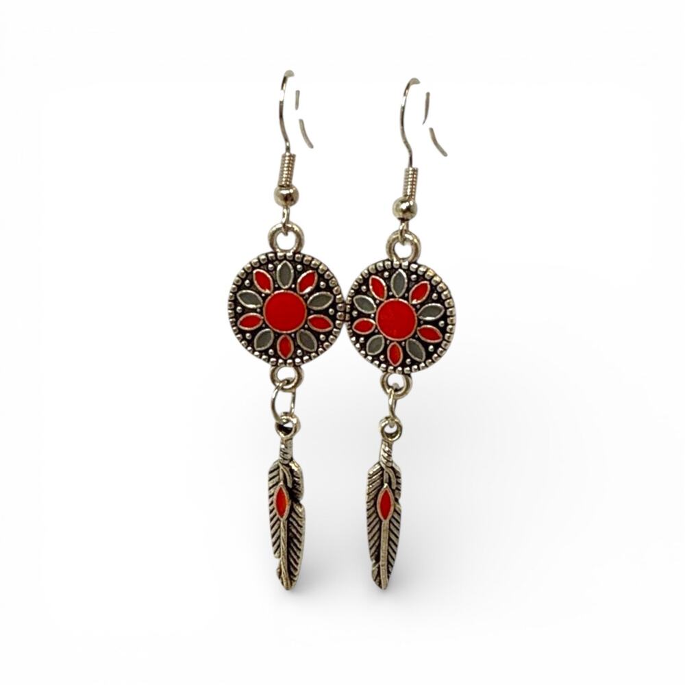 Boho Feather Earrings Silver Red Western Mandala Dangle Drop Design NEW pierced